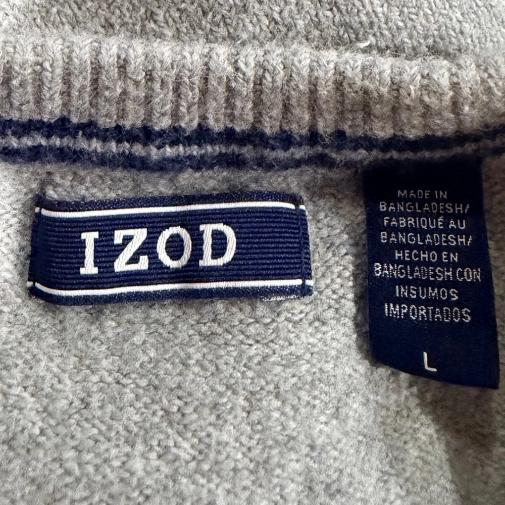 IZOD Preppy Collegiate Sweater Gray Navy Blue Chest Stripes Cotton Blend Large